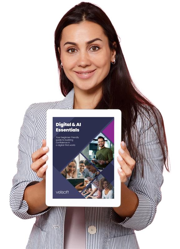 woman holding a tablet with a digital and ai essentials guide