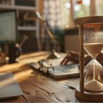 Hourglass on a desk signifies slowing down to improve decisions in leadership