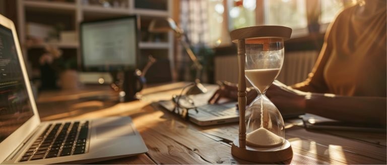 Hourglass on a desk signifies slowing down to improve decisions in leadership