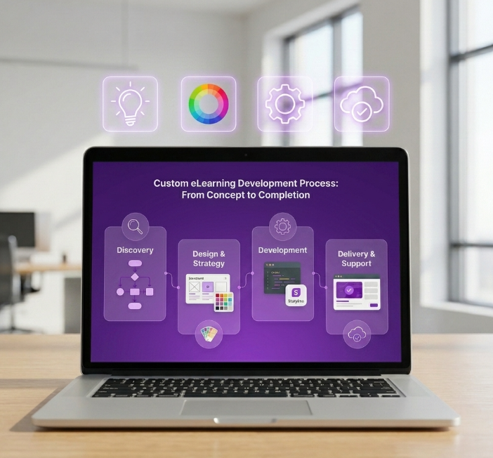 laptop interface with a custom elearning development process on it