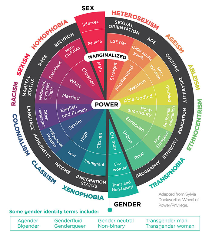 diagram showing the wheel of intersectionality, power and privilege