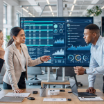 A diverse group of professionals in a modern office setting, collaborating on a Microsoft Excel project with a digital screen showing data visualizations and AI Copilot interface.