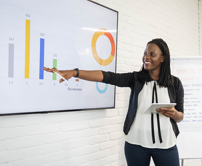 Woman presenting data used in the ILT customizable courseware